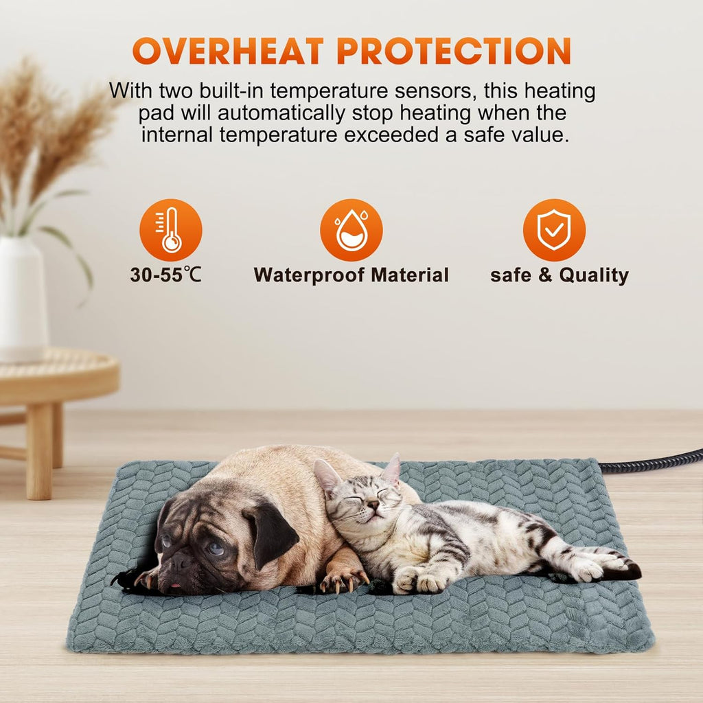 Cozy Maine Coon cat lounging on a gray electric heated mat