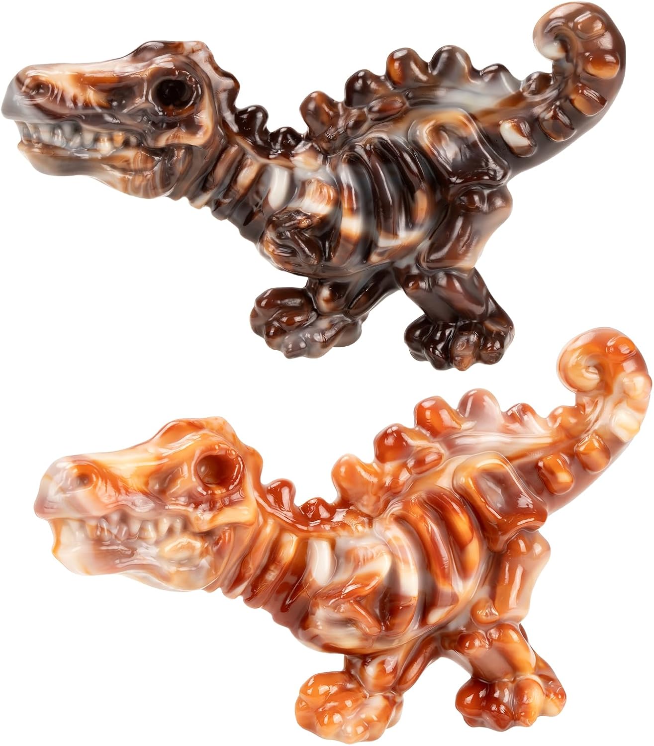 Two bacon-flavored dinosaur bone dog toys for aggressive chewers