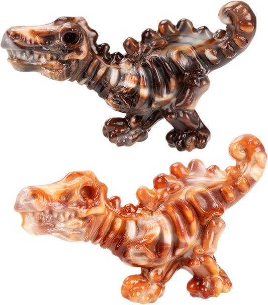 Two bacon-flavored dinosaur bone dog toys for aggressive chewers