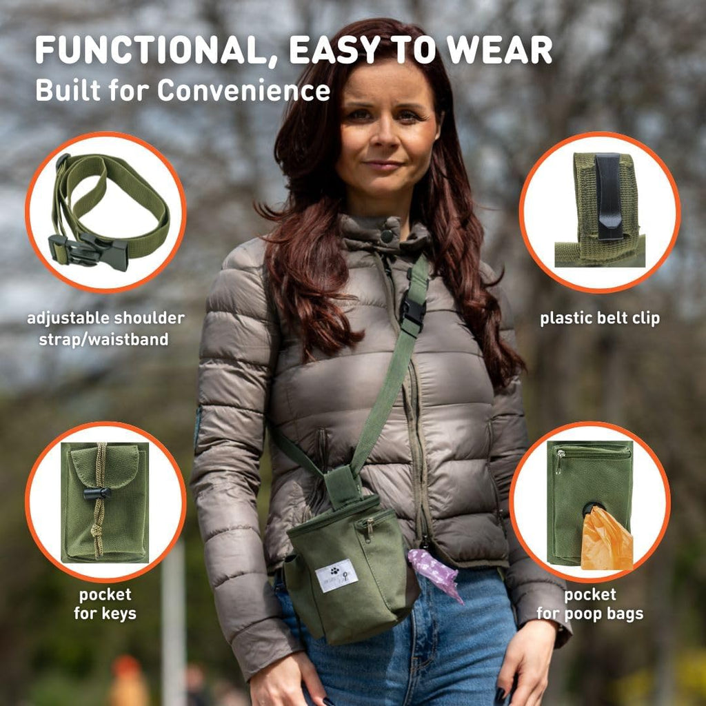 Inspector Tail hands free puppy bag showing the integrated waste bag dispenser on the zippered pocket side