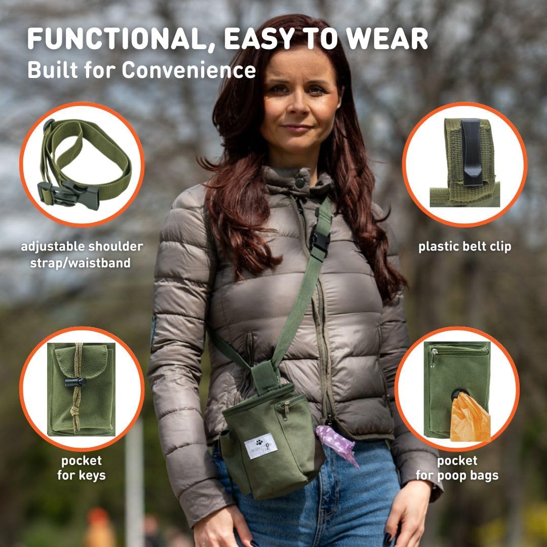 Inspector Tail hands free puppy bag showing the integrated waste bag dispenser on the zippered pocket side