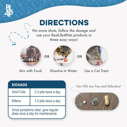 BestLife4Pets immune support supplement bottle highlighting relief for cat sneezing, congestion, and watery eyes.