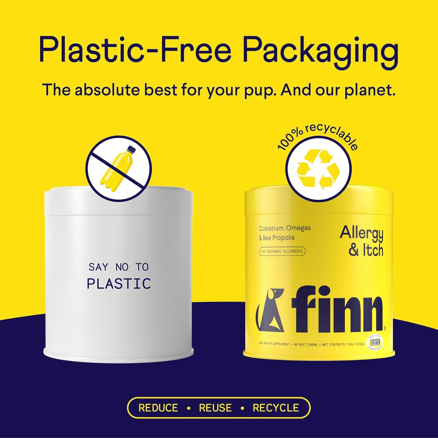Authentic imported USA Finn allergy and itch dog supplement packaging detailed view.