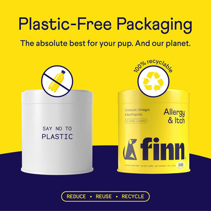 Authentic imported USA Finn allergy and itch dog supplement packaging detailed view.