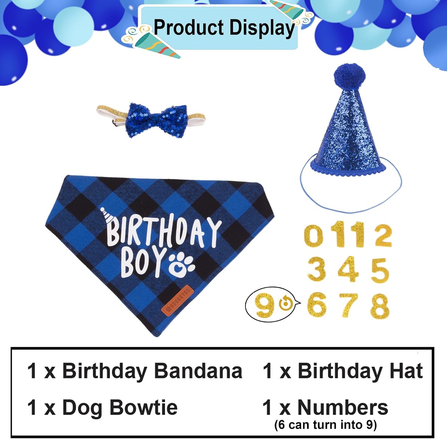 ADOGGYGO premium pet birthday supplies showing interchangeable age numbers zero to eight.