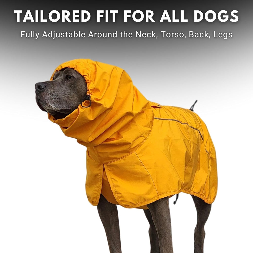 Windproof full coverage dog rain suit detailing the inner breathable mesh lining layer.