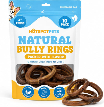 All natural twisted beef pizzle dog treats four inch circles.