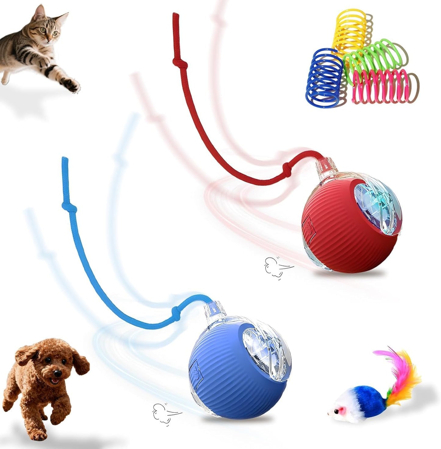 2-Pack USB Rechargeable Smart Cat Toy Ball, 360 degrees Rotation Automatic Moving Chase Toy, Obstacle Avoidance Interactive Play with 4 Spiral Springs, Enrichment Toys for Indoor Cats, Puppies & Small Dogs - Image 10
