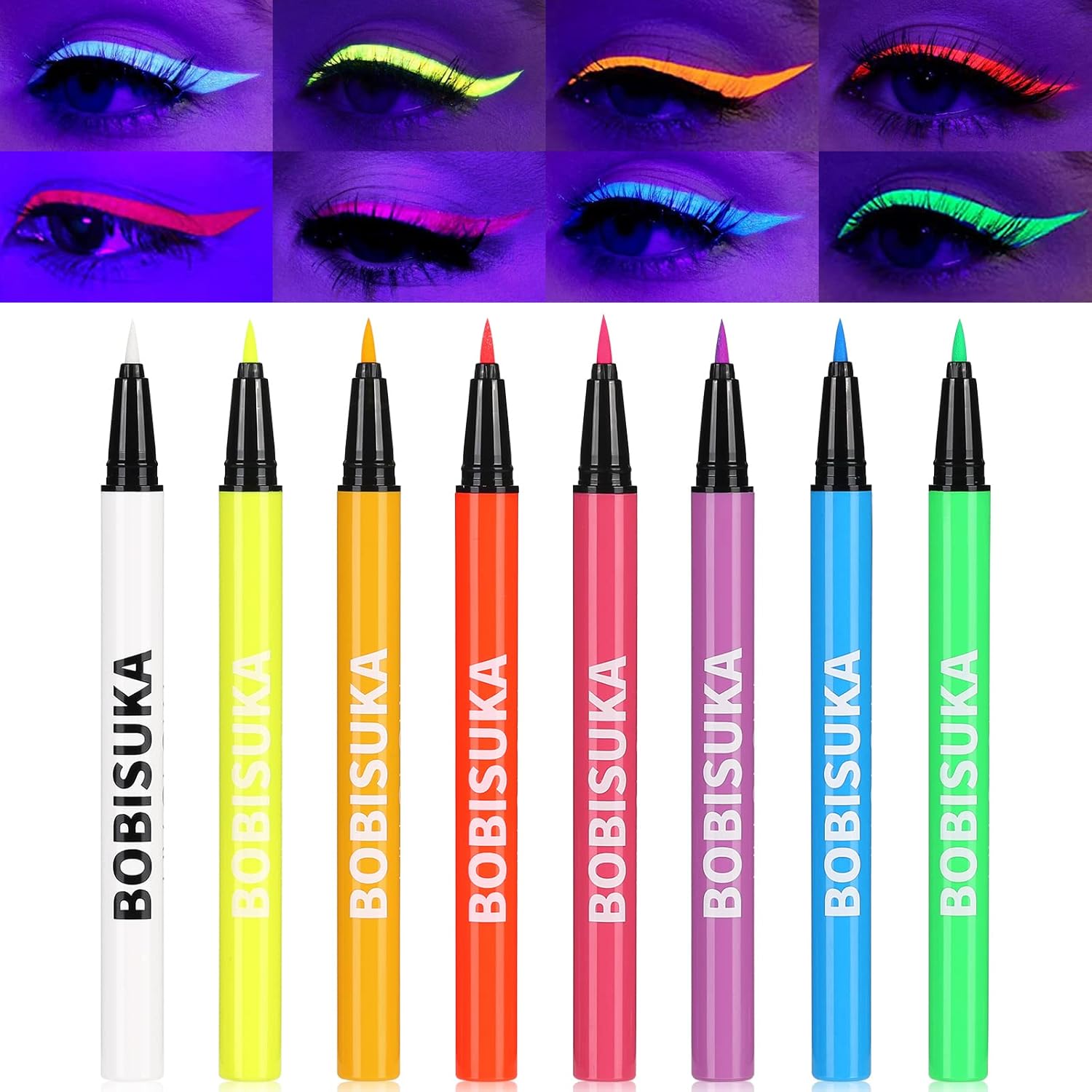 BOBISUKA 8 Colors UV Neon Liquid Eyeliner Set showing eight colorful matte pens