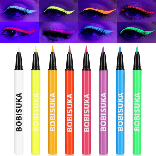 BOBISUKA 8 Colors UV Neon Liquid Eyeliner Set showing eight colorful matte pens