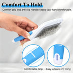 Stainless steel pet slicker brush with protective rubber tips for sensitive skin.