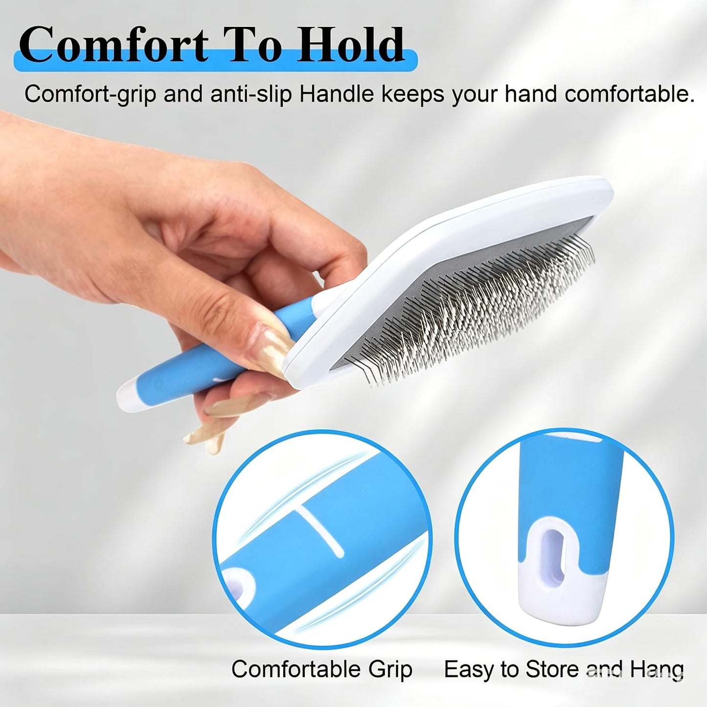 Stainless steel pet slicker brush with protective rubber tips for sensitive skin.