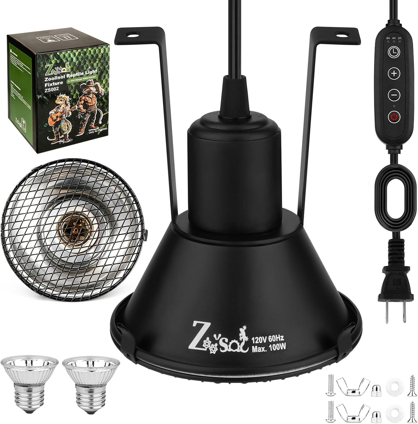 Zooiisol 5-in-1 reptile heat lamp fixture front view showcasing the black aluminum dome design.