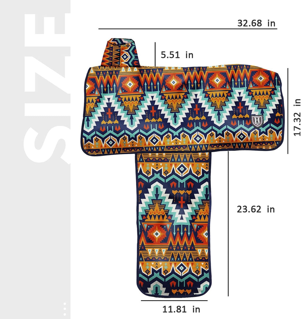 Tribal Vibe pattern horse riding saddle cover draped safely over equestrian equipment.
