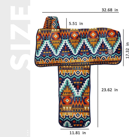Tribal Vibe pattern horse riding saddle cover draped safely over equestrian equipment.