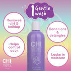 Vegan and paraben free CHI pet wash bottle displaying multi action benefits