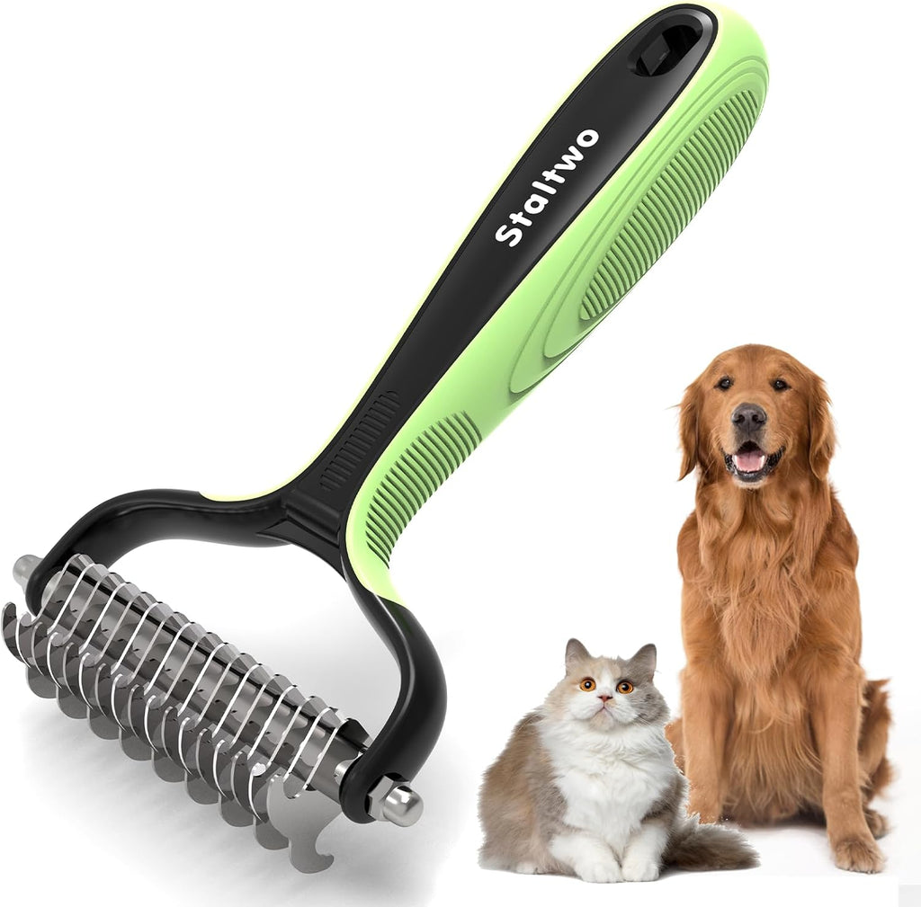 Dual-sided pet grooming tool with non-slip rubber grip