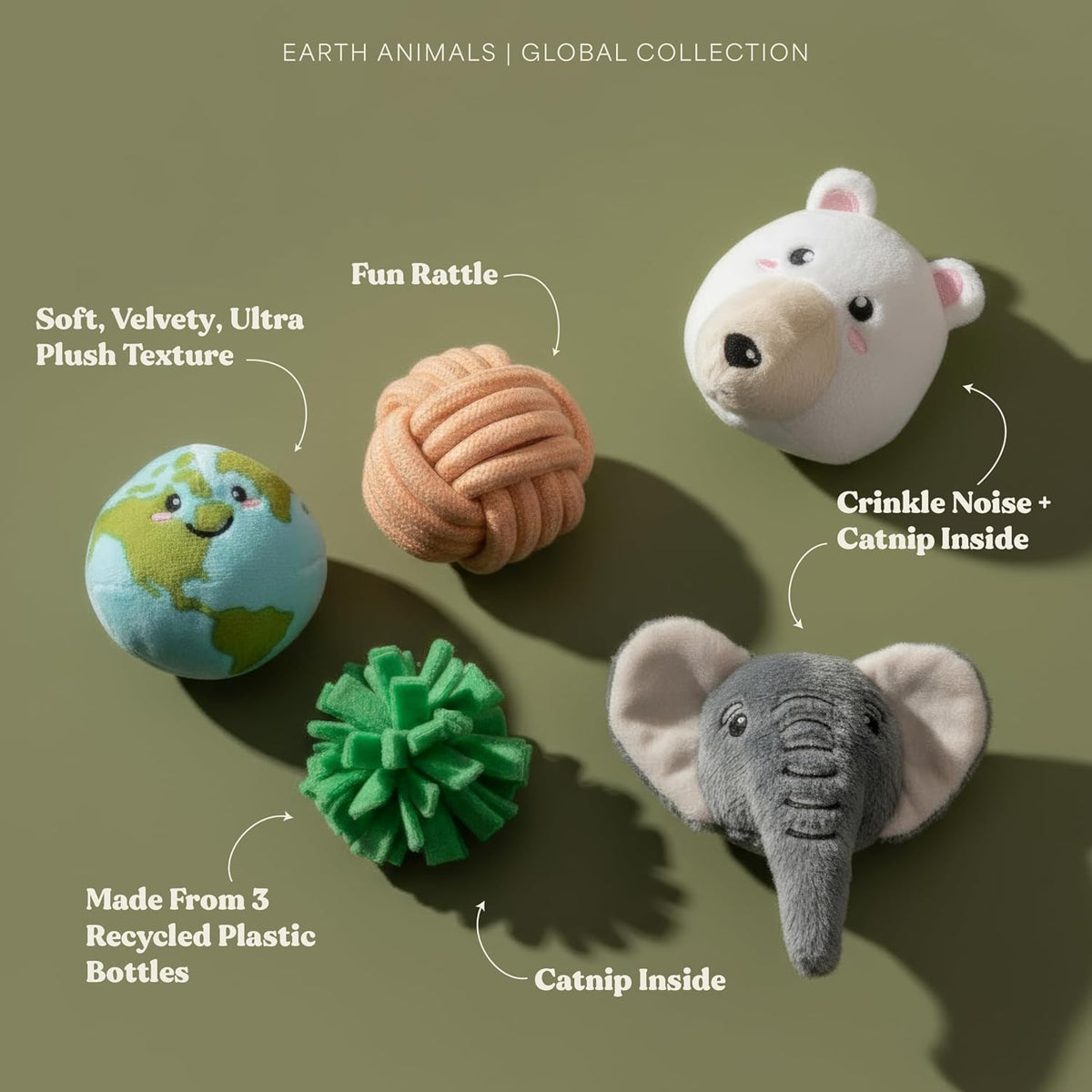GRRREEN recycled plastic catnip plush toys spread out on floor