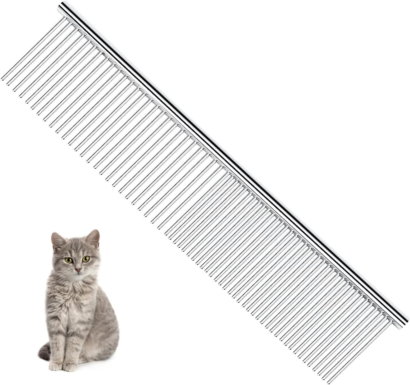 MGI Incorporates pet grooming comb front view showcasing the dual sided stainless steel teeth for professional cat and dog shedding control.