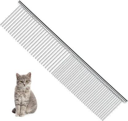 MGI Incorporates pet grooming comb front view showcasing the dual sided stainless steel teeth for professional cat and dog shedding control.