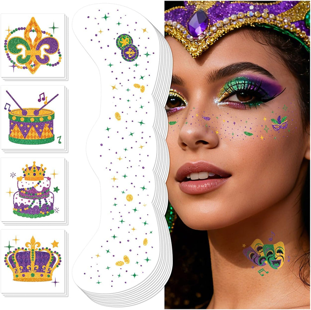 Emome Mardi Gras glitter face tattoos and faux freckles set front view