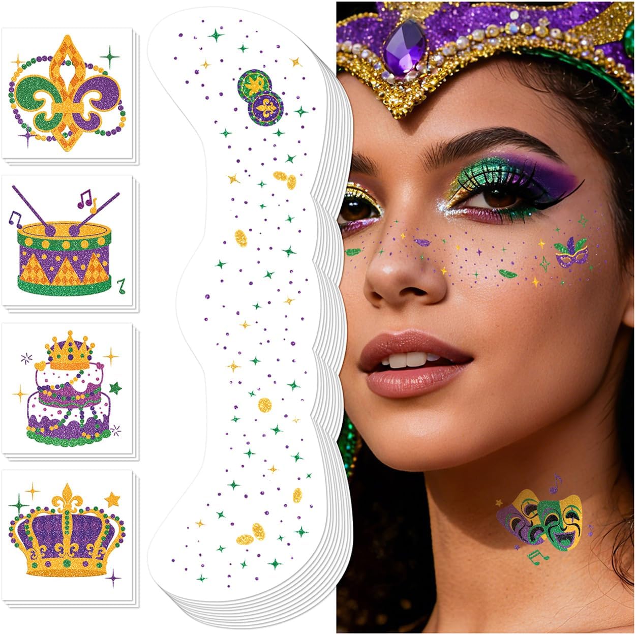 Emome Mardi Gras glitter face tattoos and faux freckles set front view