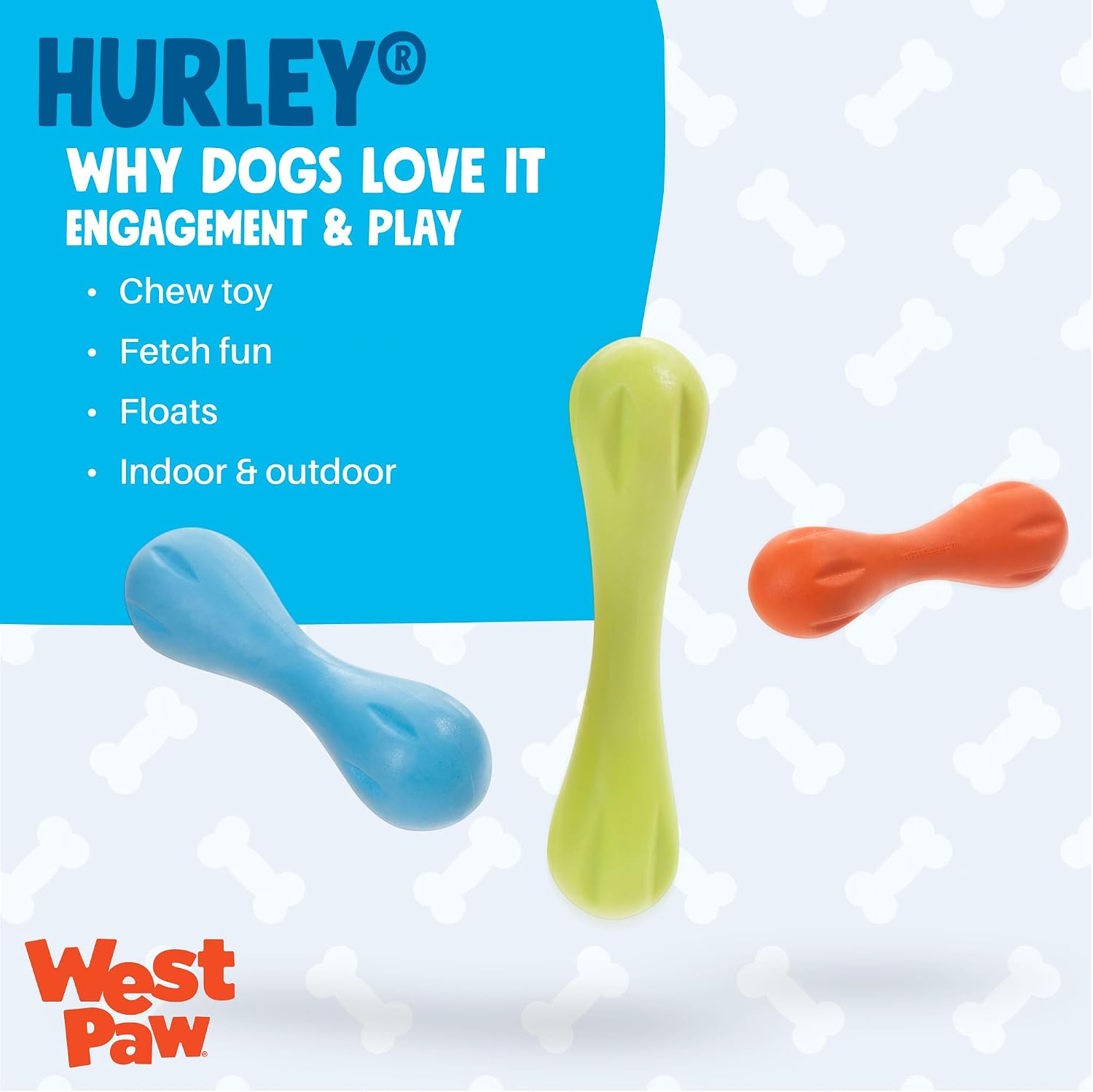 West Paw durable dog bone floating in water during outdoor fetch