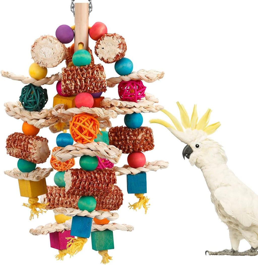 LovyoCoCo natural corn cob parrot chew toy front view with wooden blocks