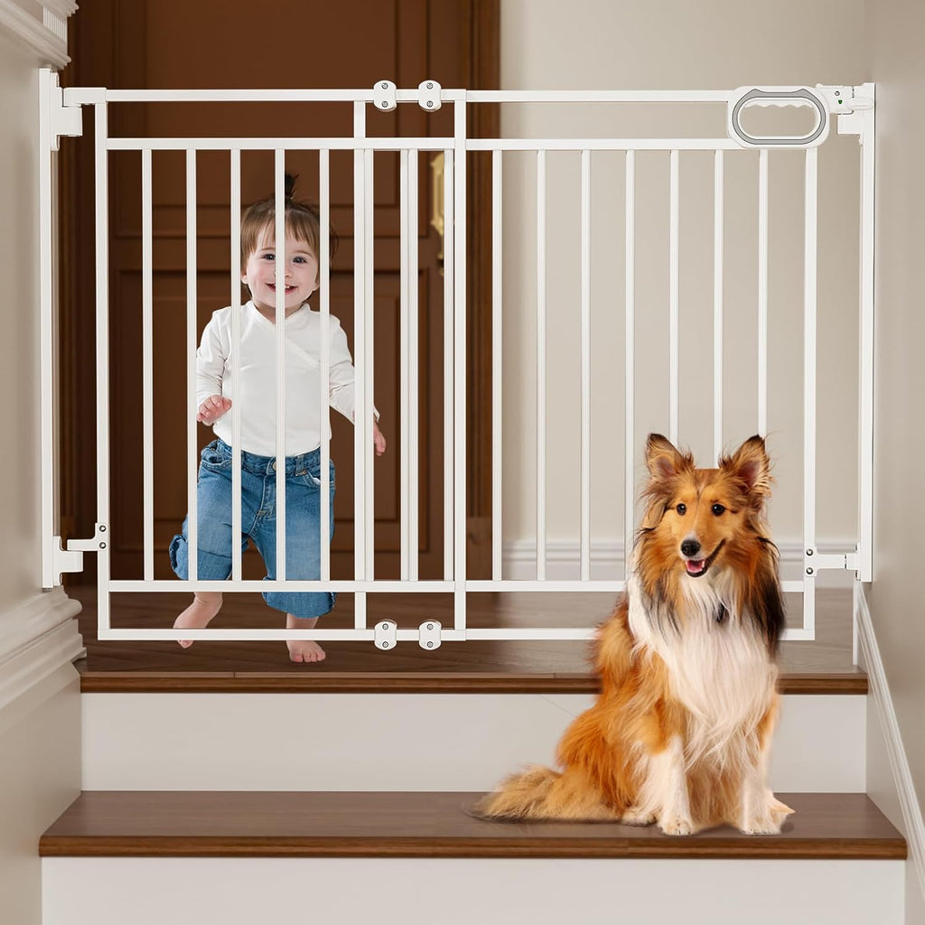 Grownsy baby gate for stairs front view showing the no bottom bar design installed in a white doorway.