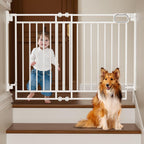 Grownsy baby gate for stairs front view showing the no bottom bar design installed in a white doorway.