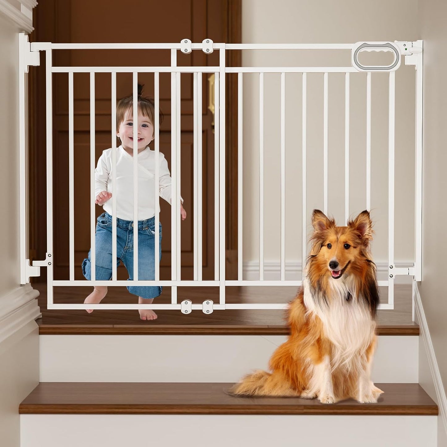 Grownsy baby gate for stairs front view showing the no bottom bar design installed in a white doorway.