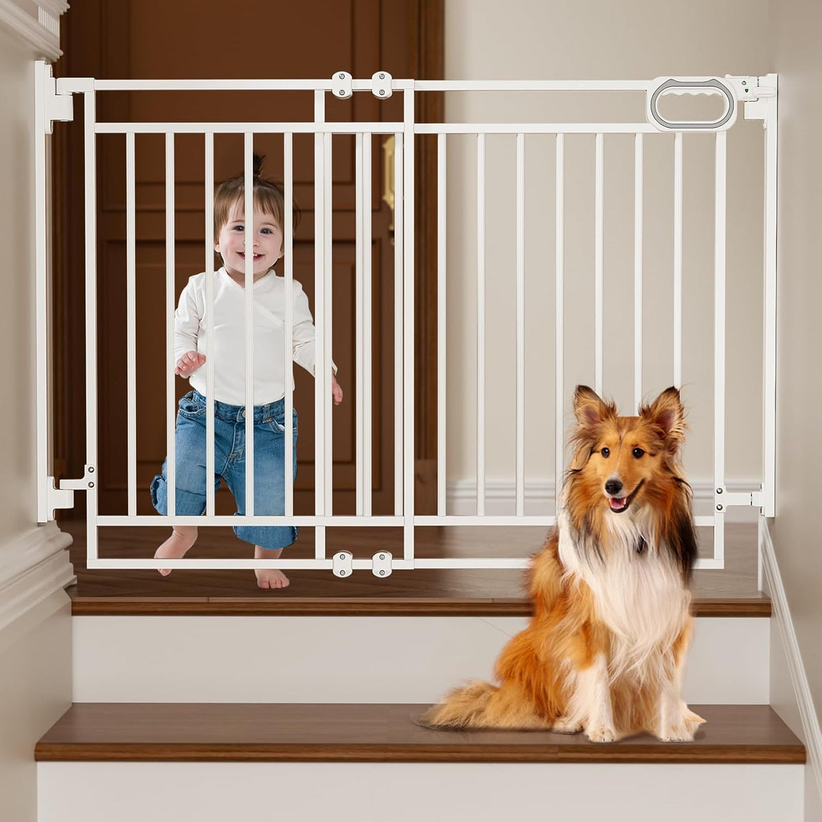 Grownsy baby gate for stairs front view showing the no bottom bar design installed in a white doorway.