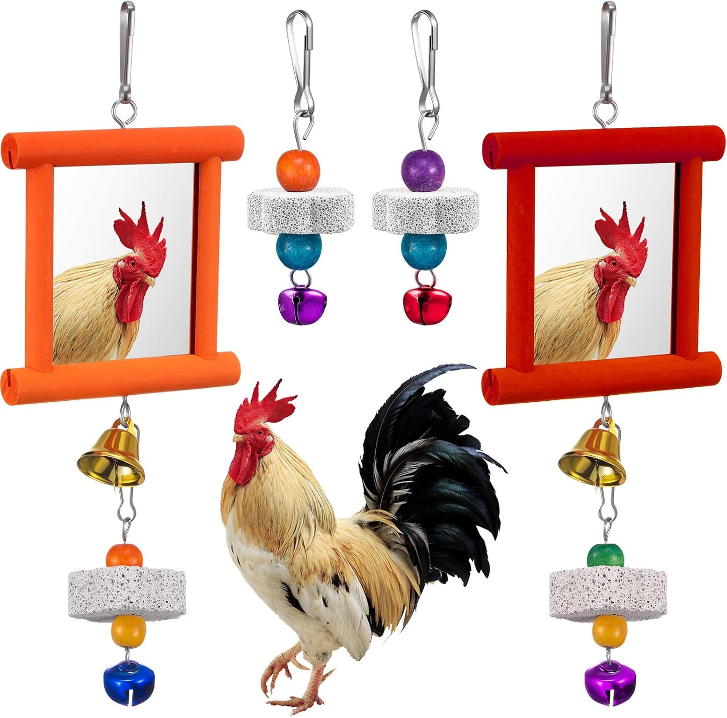 Sumind 2 Pieces Chicken Mirror Toys Hanging Swing Mirror with Bell Wooden Pecking Toy and 4 Pieces Beak Grinding Molar Stones for Hens Birds Parrots - Image 12
