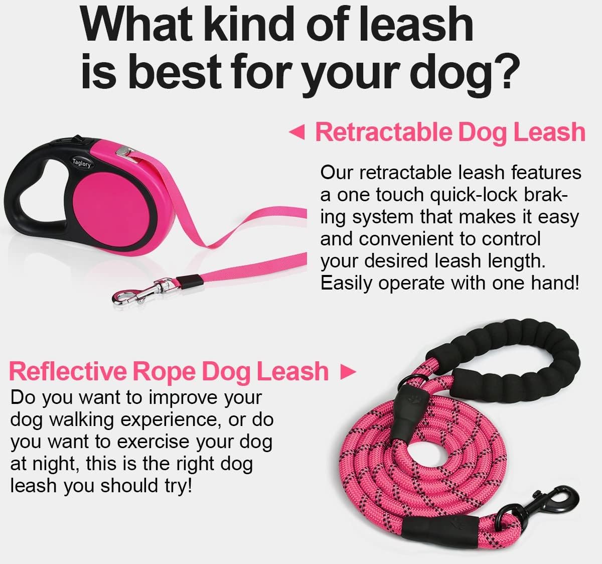 Packaging and product view of Taglory pink dog leash
