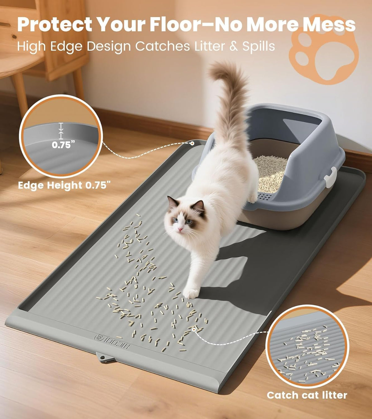 Hicooi large cat litter box mat showing the built-in diversion grooves.