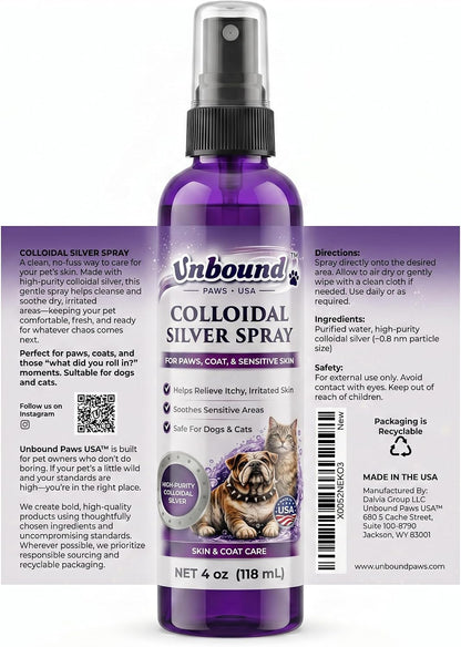 Unbound Paws pet care solution showing recyclable packaging and usage directions