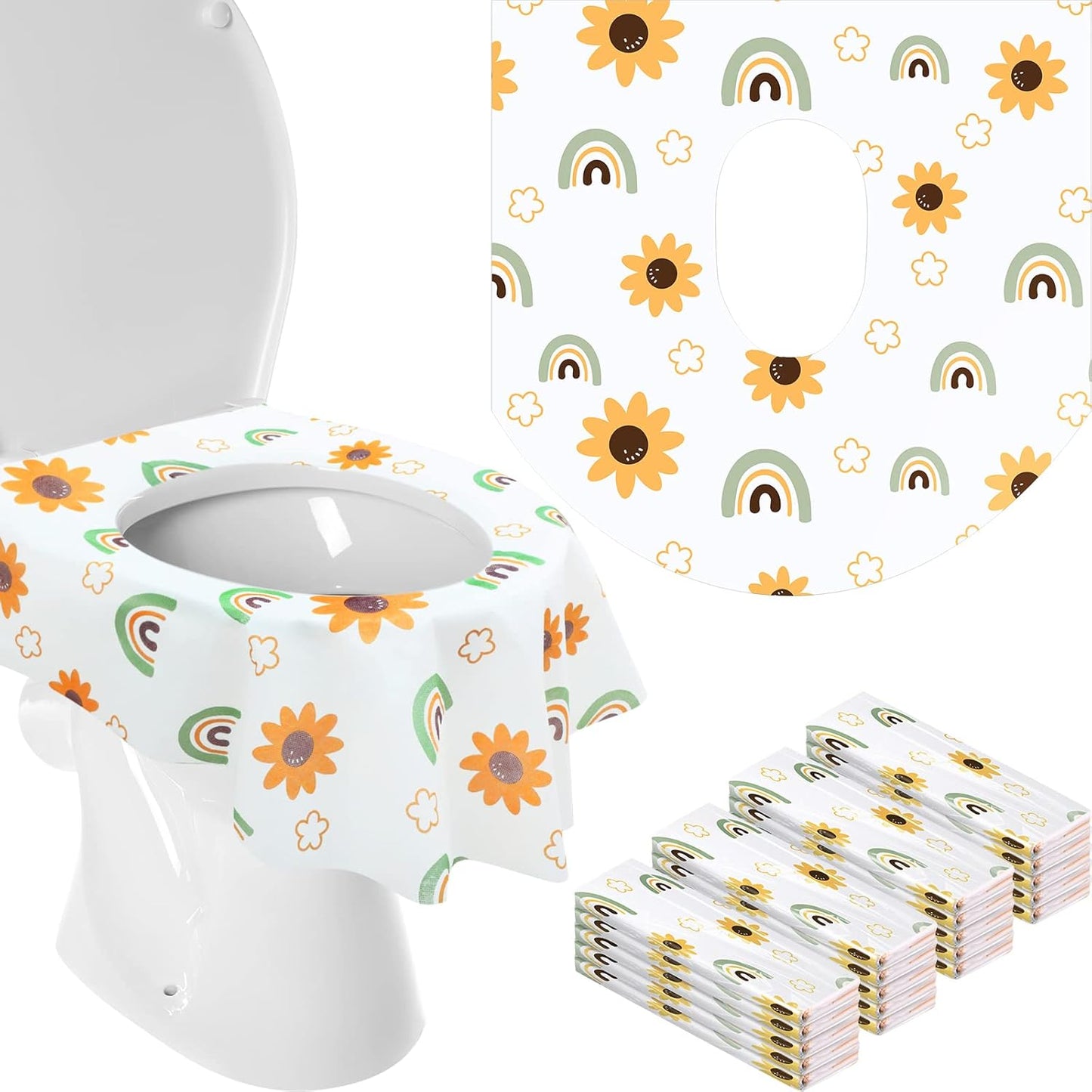 Shimeyao disposable toilet seat covers 50 pack front view showing the flowers and rainbow patterned packaging
