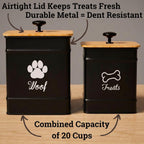 Two iron dog treat jars with bamboo lids on kitchen counter