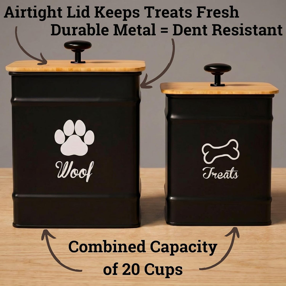 Two iron dog treat jars with bamboo lids on kitchen counter