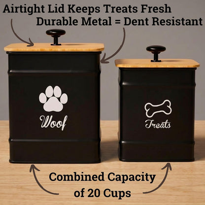 Two iron dog treat jars with bamboo lids on kitchen counter