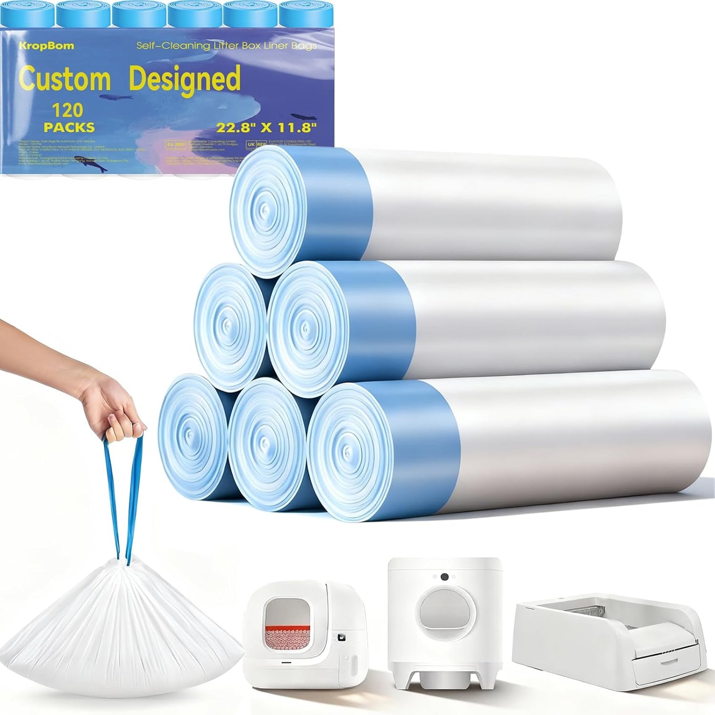 KropBom automatic cat litter bags packaging front view for smart litter box owners.