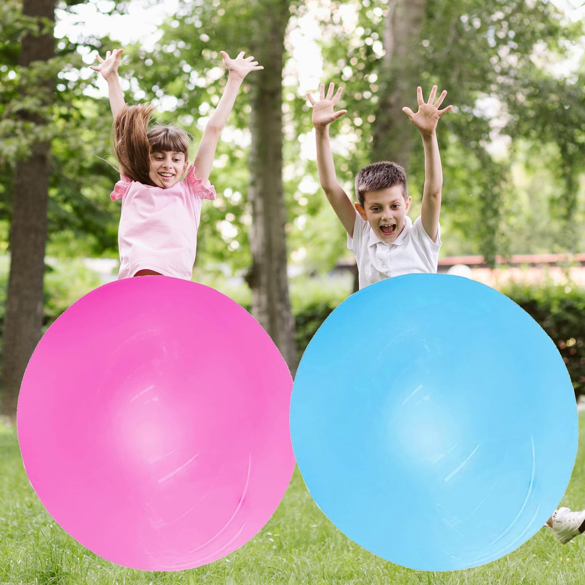 Huaerle Giant Inflatable Bubble Balls front view showcasing the transparent pink color during outdoor yard play.