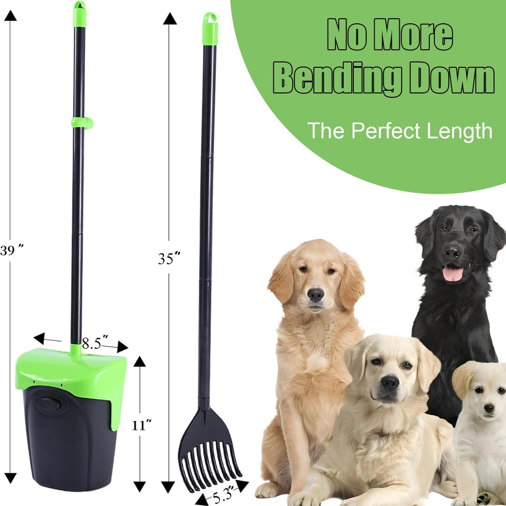 Ienjoyed heavy duty dog poop scooper green color with extended long handle close up view