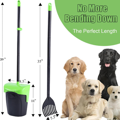Ienjoyed heavy duty dog poop scooper green color with extended long handle close up view