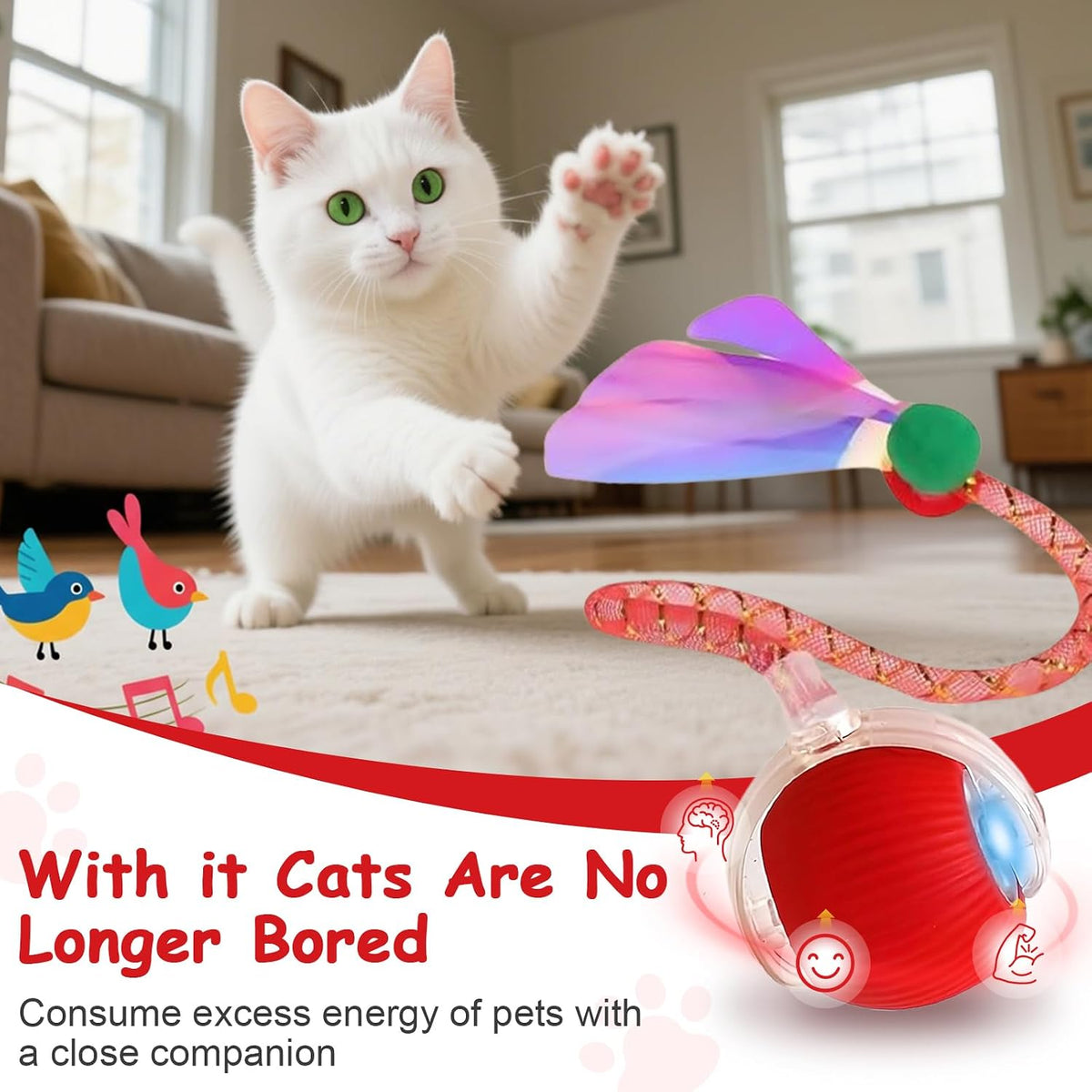 Two Miraigai smart rolling balls with elastic tails for cats