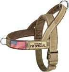 Forestpaw no pull dog harness front view showing the brown tactical vest design.