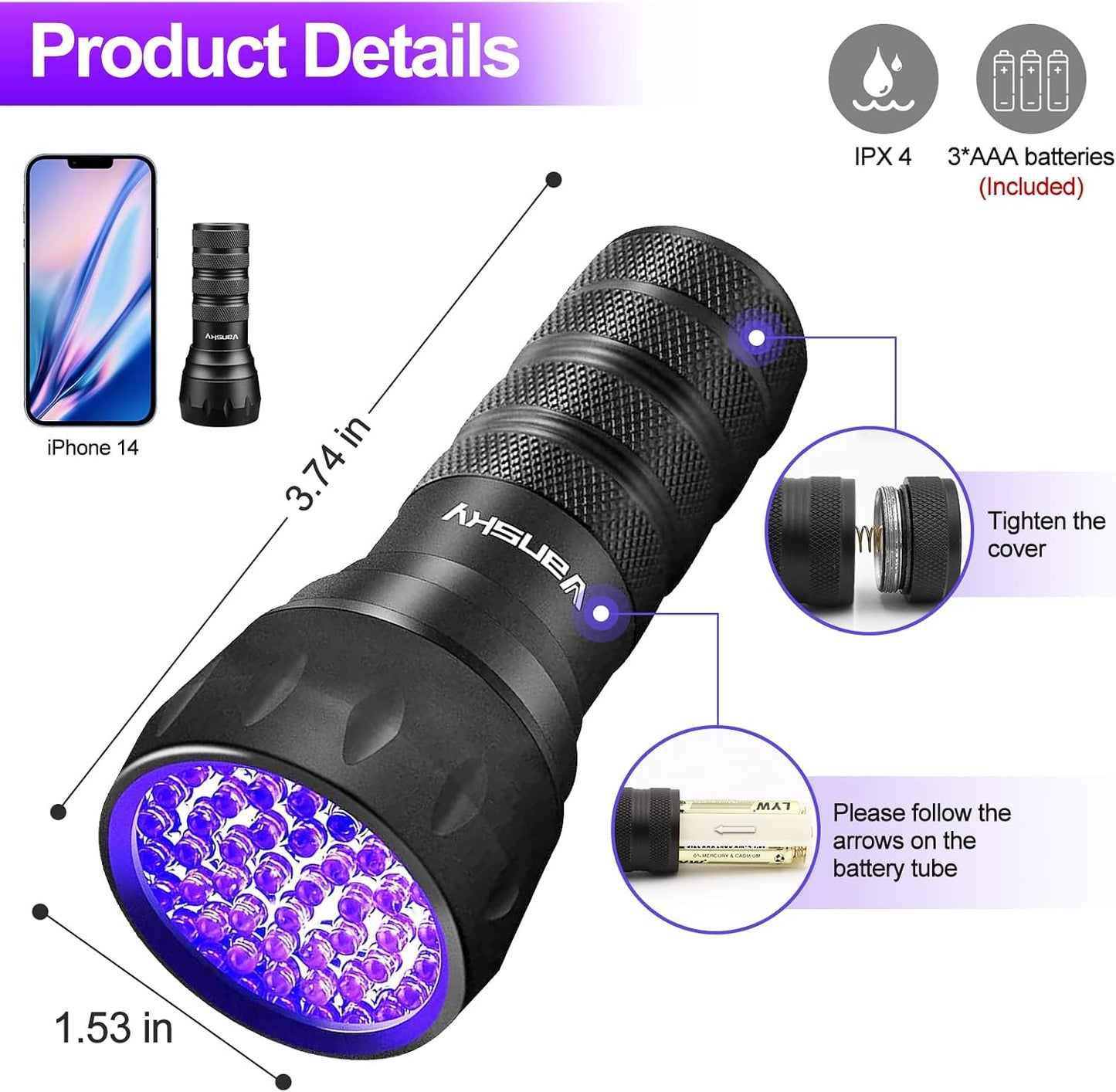 Vansky 21 LED ultraviolet detector illuminating fluorescent cosmetics