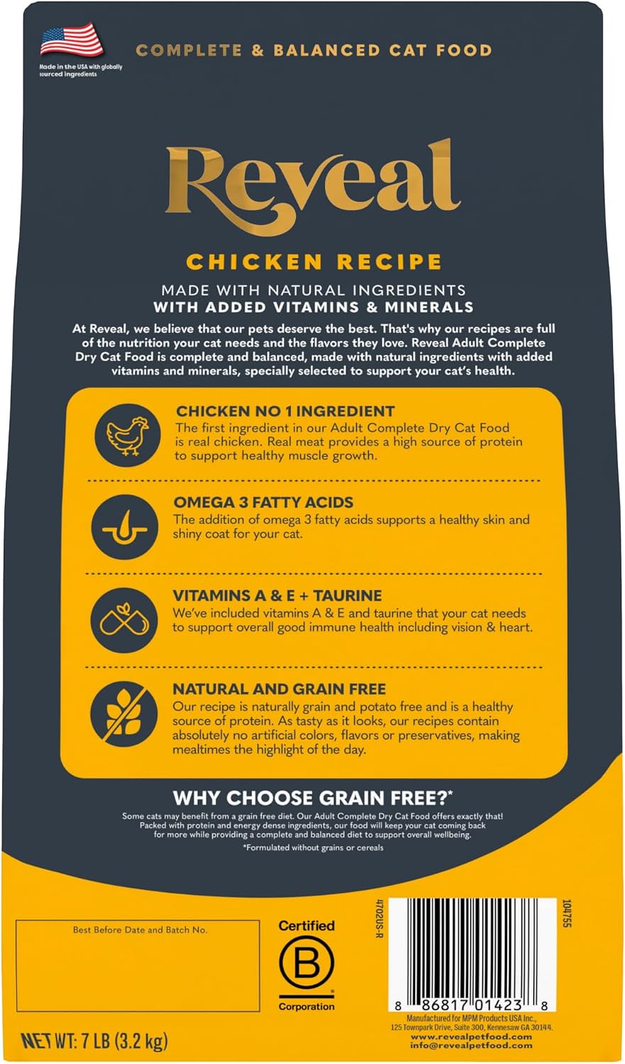 Reveal chicken recipe cat food packaging back showing nutrition details