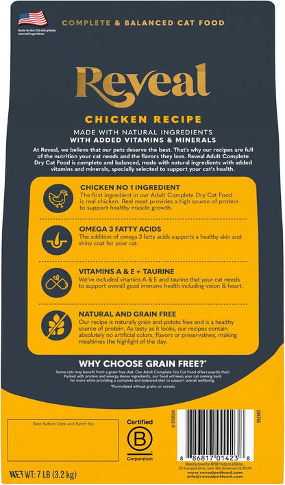Reveal chicken recipe cat food packaging back showing nutrition details