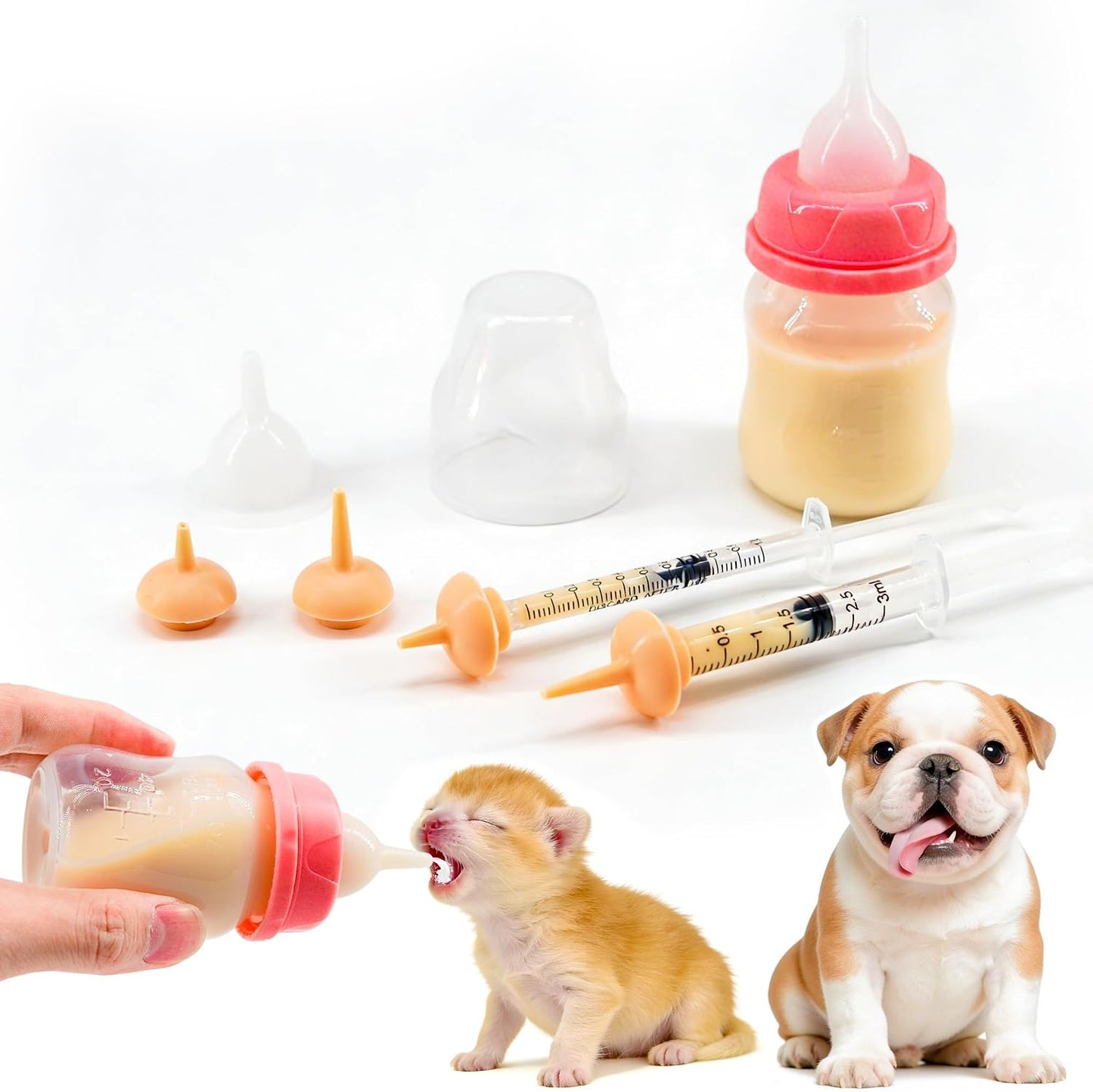 Pet Feeding Bottle and Syringe Set for Puppies and Kittens(1 Bottles,2 Syringes,6 Nipples), Pink - Image 1